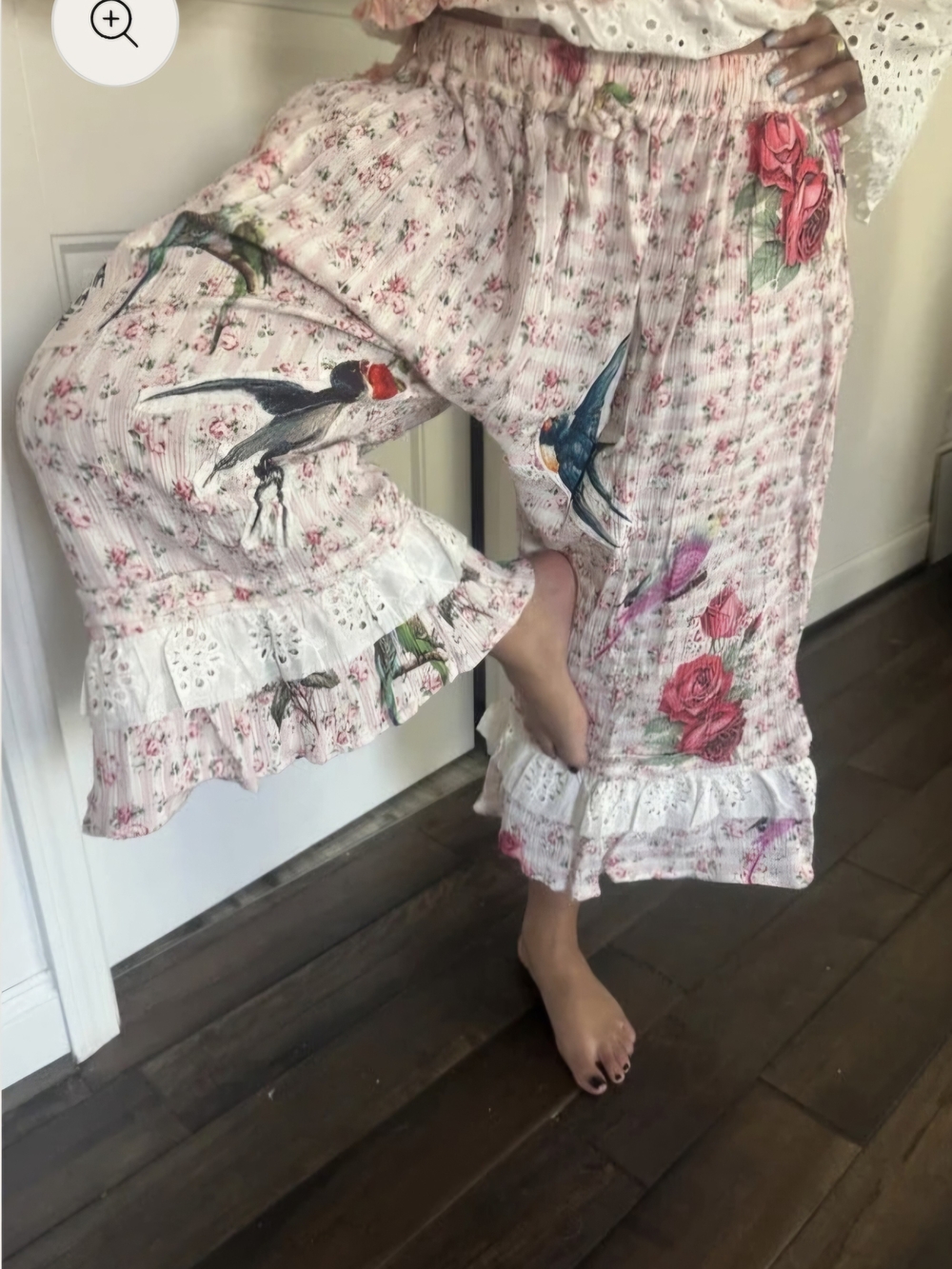 Floral Bird Print Elastic Waist Ruffle Hem Bottoms - Cream Xl New Without Tags - Picture 2 of 12